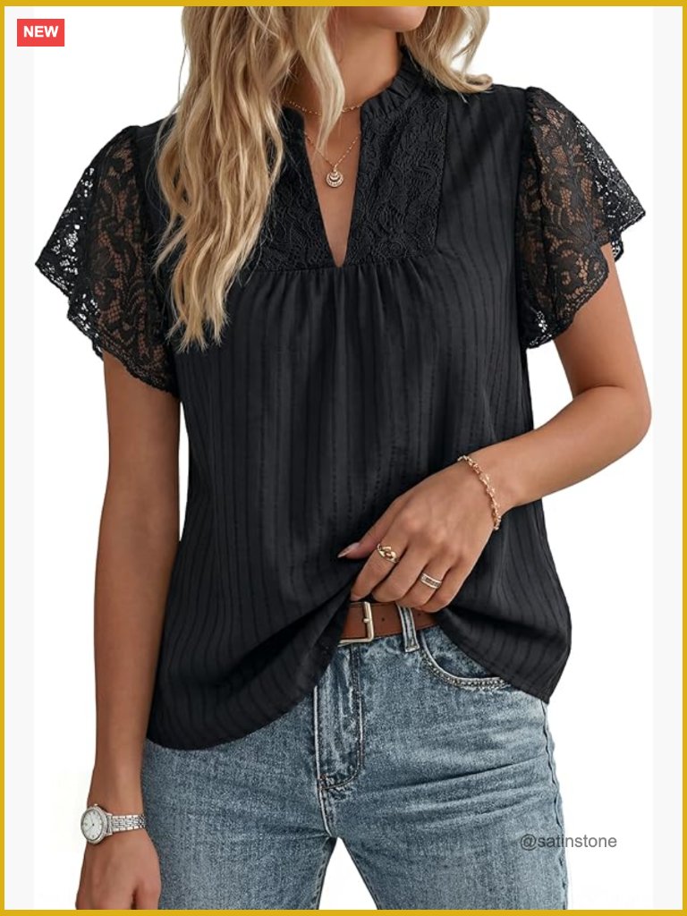 Lace Short Sleeve Babydoll Top V Neck Flowy Cotton Blouse Dressy Casual